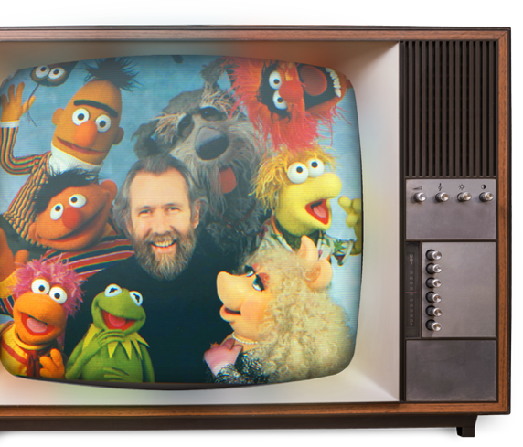 An old style television with an image of Jim Henson and his Seasame Street puppets surrounding him