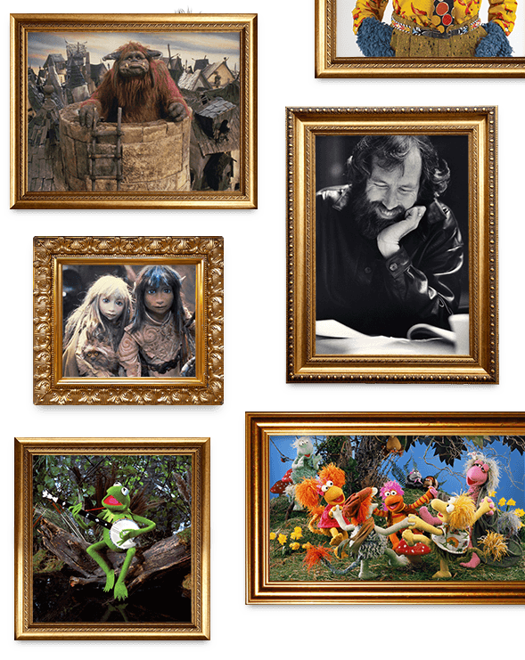 collection of randomly placed gold picture frames with images of Jim Henson and puppets